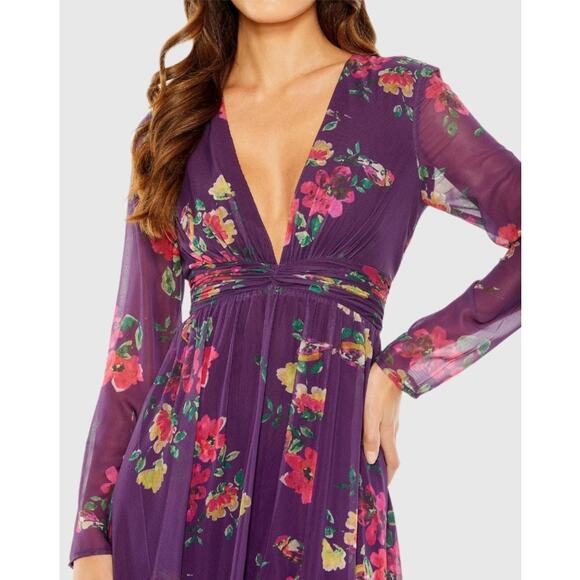 Mac Duggal Long Sleeve Ruched Top Deep V-Neckline Gown Purple Size 10 NWT #68558 - Picture 5 of 16